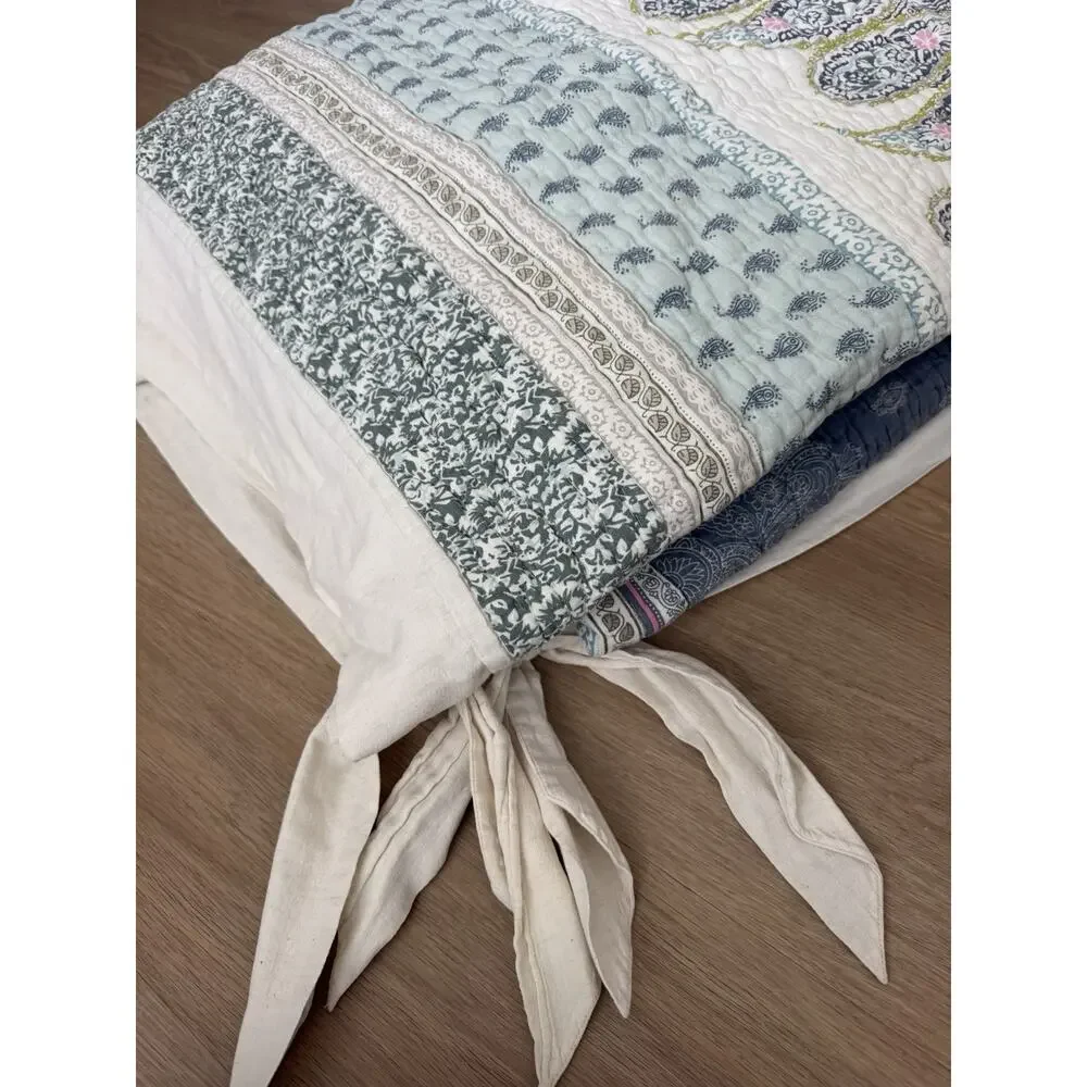 Vtg Soft Surroundings Paisley Stripe QUEEN Quilt Oatmeal/blue Cotton Linen Blend
